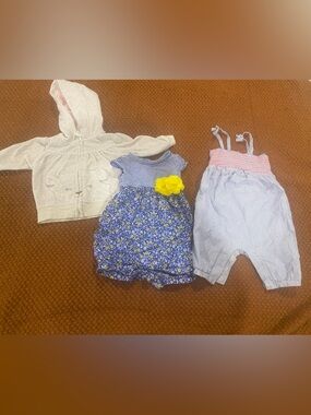 3M Blue Floral Romper + Light Gray Hoodie + Striped Romper